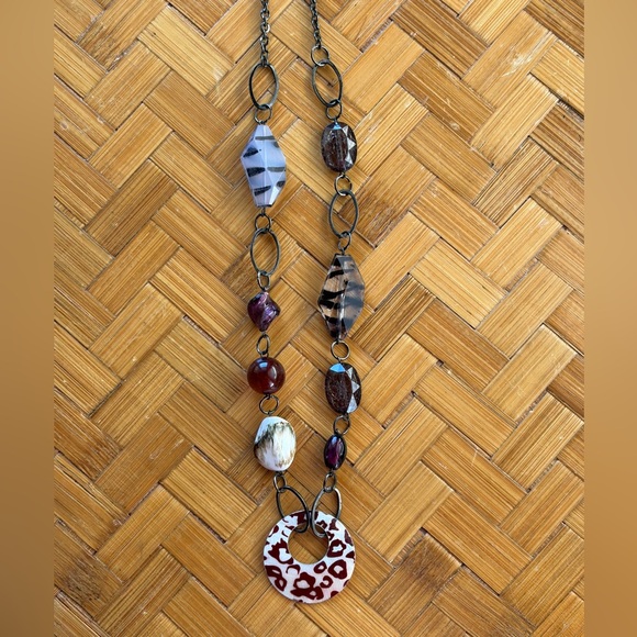 Vintage Jewelry - Boho Statement Necklace animal print glass beads, Modern Artisan Style